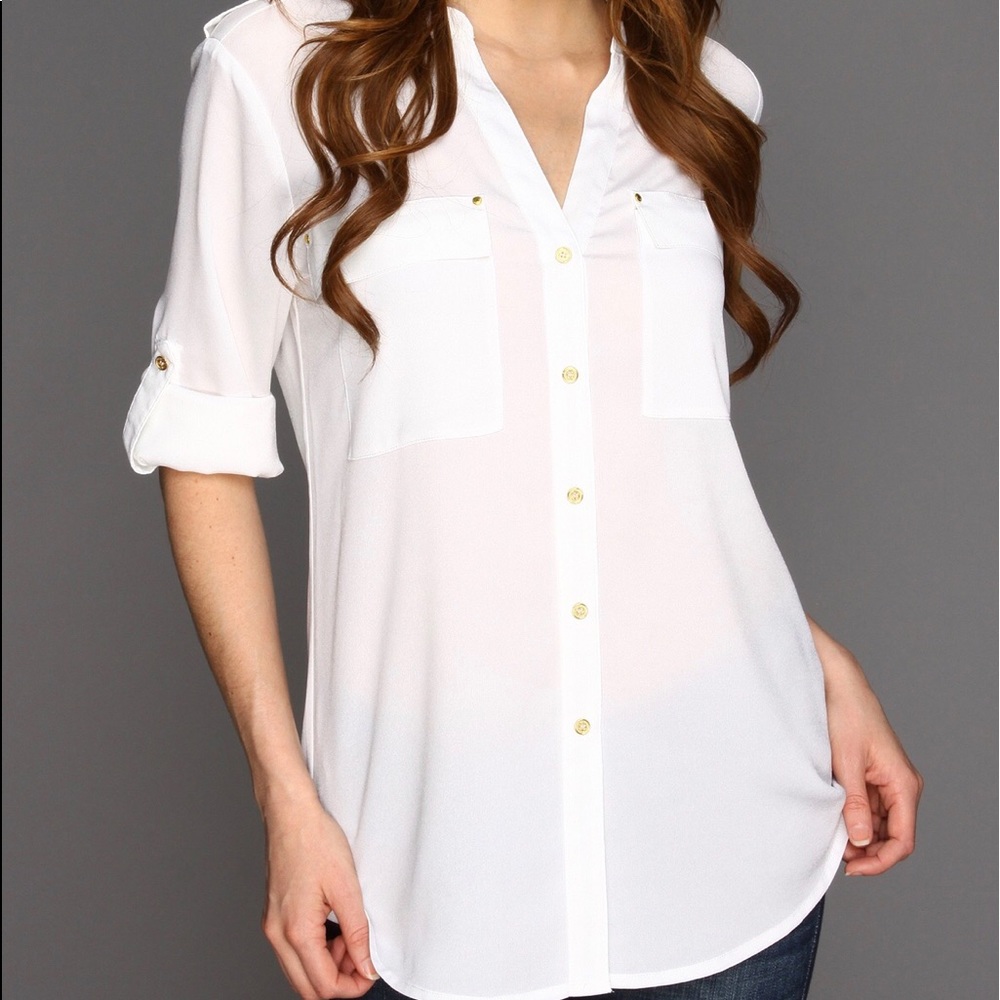 Calvin Klein Sheer White Button Down Blouse NWOT